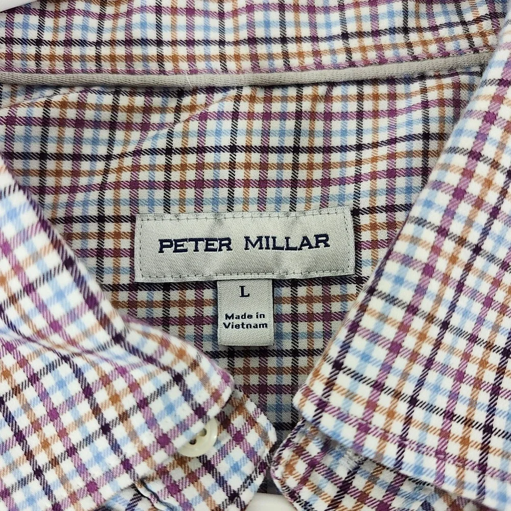 Peter Millar Shirt Adult Large Blue Brown Plaid Button Up Linen Cotton Mens - Picture 3 of 10